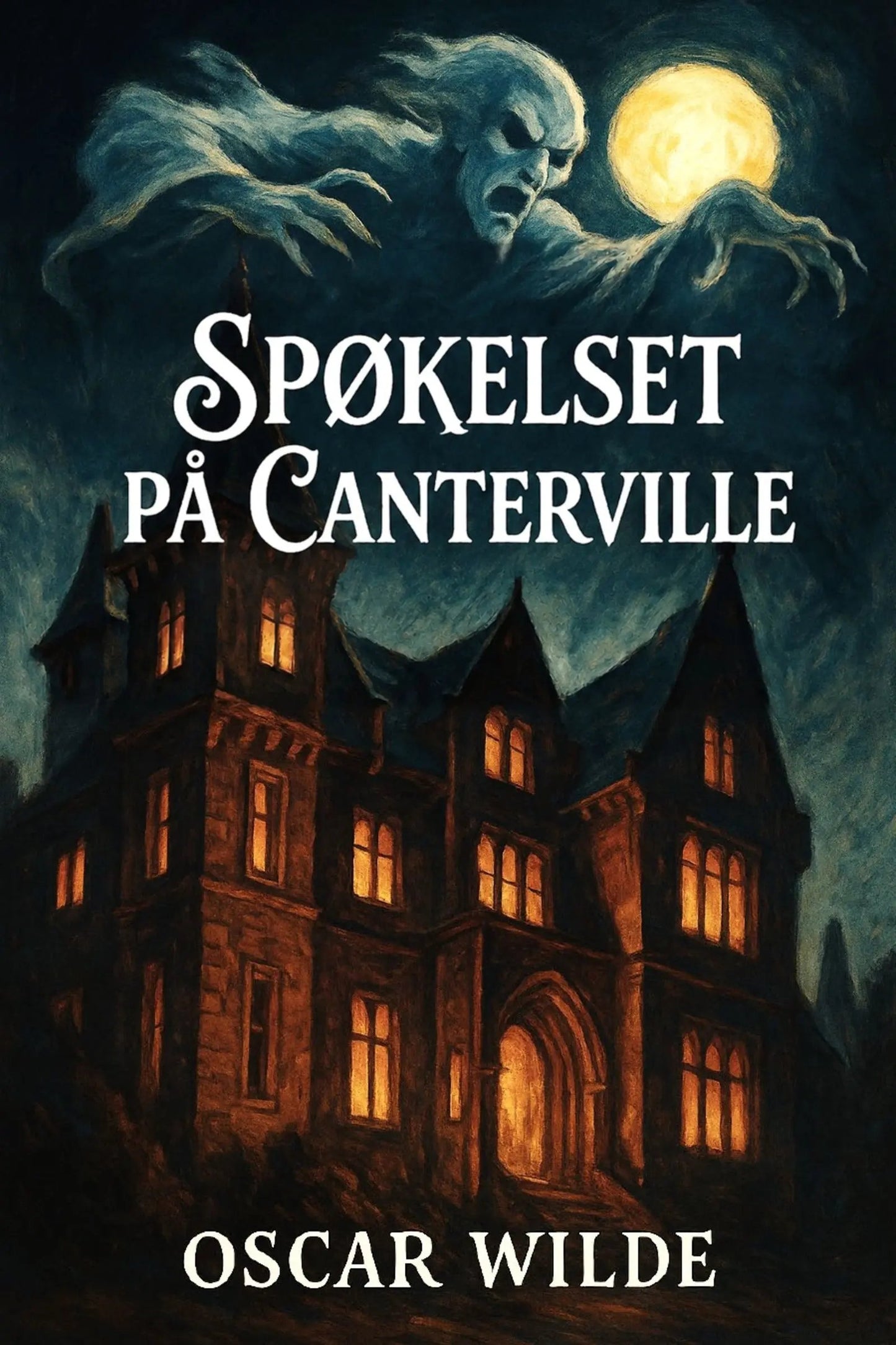 Book cover of 'Spøkelset på Canterville' with a haunted house and moonlit sky.