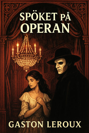 Book cover of 'Spöket på operan' by Gaston Leroux with a masked figure and woman in a dimly lit opera house.