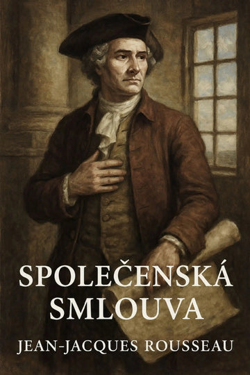 Book cover for 'Společenská smlouva' by Jean-Jacques Rousseau, featuring a classical painting of Rousseau in historical attire against a dark interior background with a window.