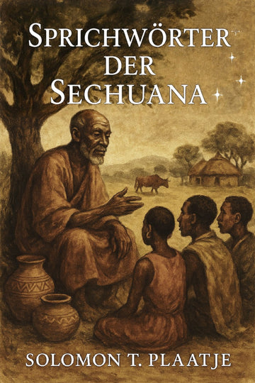 Book cover of 'Sprichwörter der Sechuana' by Solomon T. Plaatje with an illustration of an elder and children in a village setting.