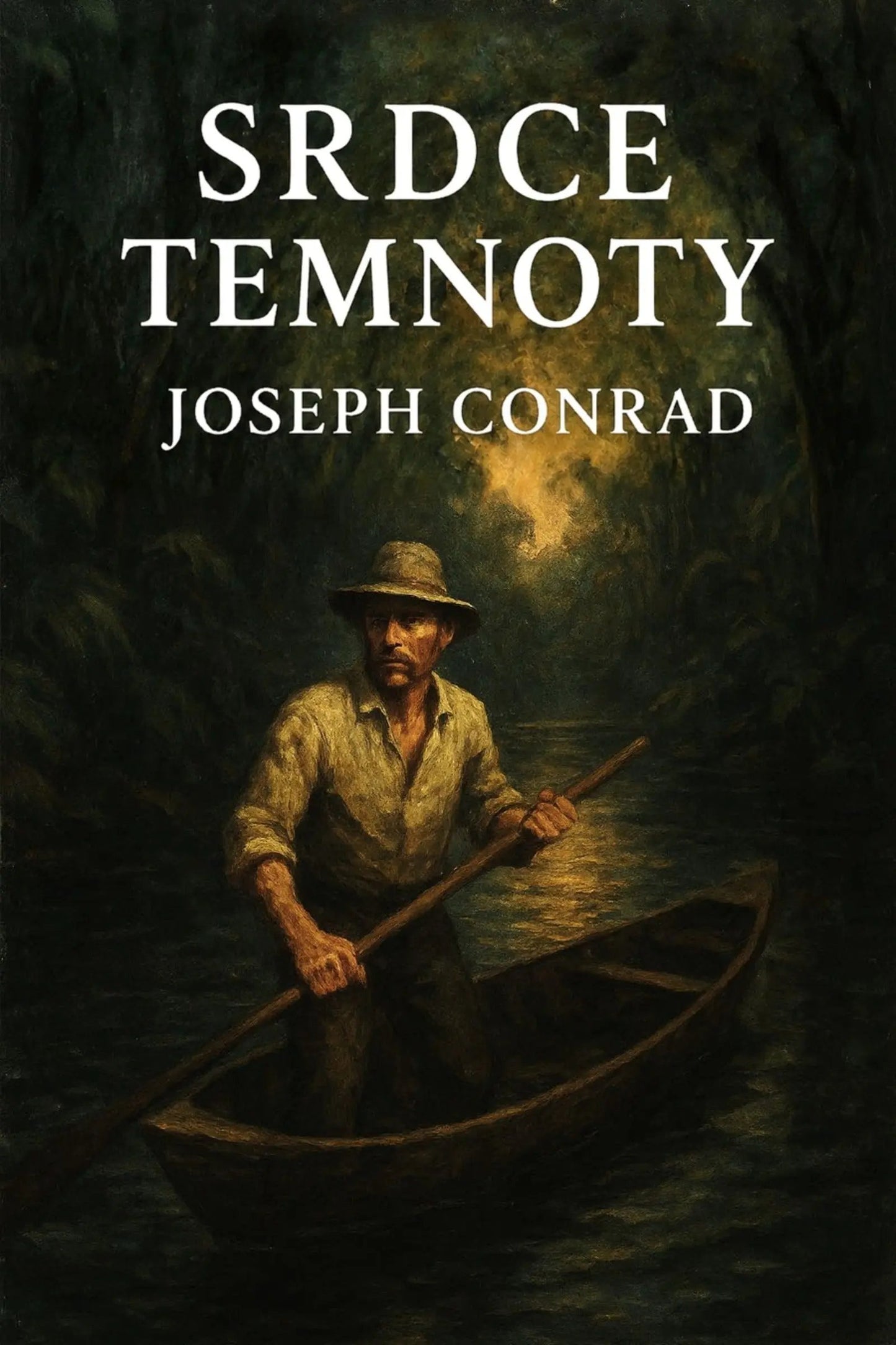 Book cover for 'Srdce temnoty' by Joseph Conrad, featuring a dark, moody illustration of a man rowing a canoe on a river at night, with the title and author name in white text at the top.