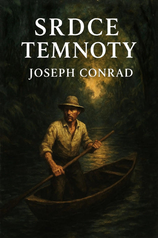 Book cover for 'Srdce temnoty' by Joseph Conrad, featuring a dark, moody illustration of a man rowing a canoe on a river at night, with the title and author name in white text at the top.