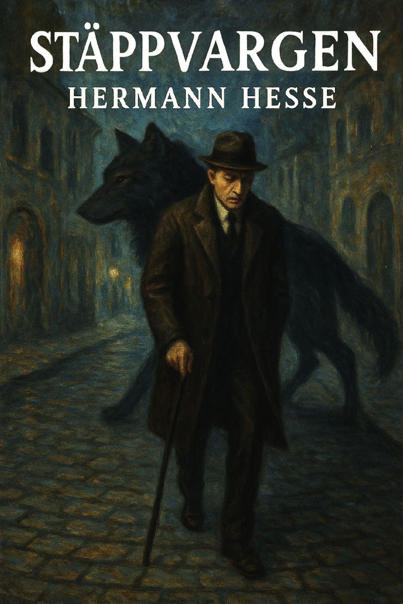 Book cover of 'Stäppvargen' by Hermann Hesse featuring a man and wolf in a dark alley.