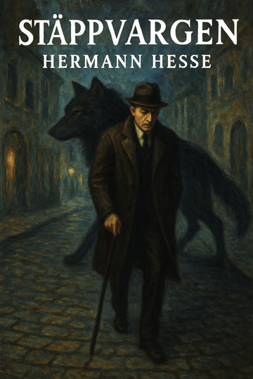 Book cover of 'Stäppvargen' by Hermann Hesse featuring a man and wolf in a dark alley.