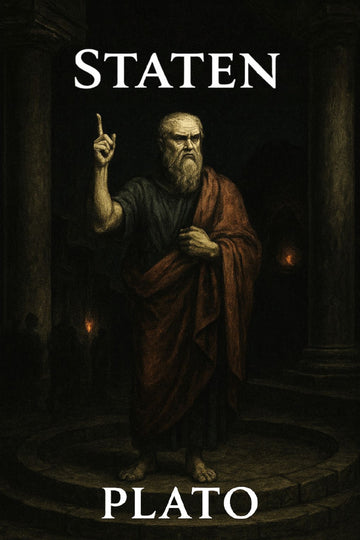 Book cover illustration of a philosopher with 'Staten' and 'Plato' text above and below, respectively.