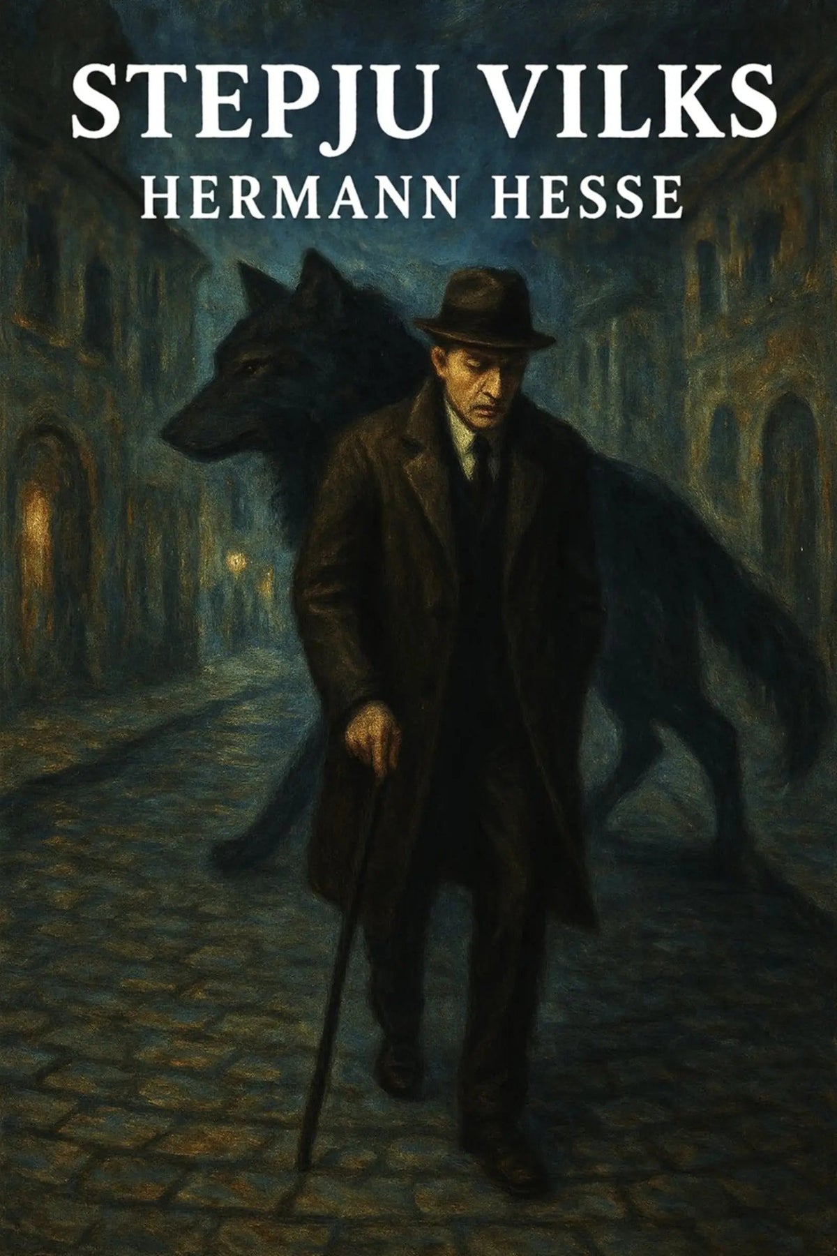 Book cover for 'Stepju vilks' by Hermann Hesse, featuring a dark, moody illustration of a man in a trench coat and hat walking with a cane, accompanied by a large black wolf in a cobblestone street.