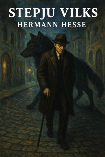 Book cover for 'Stepju vilks' by Hermann Hesse, featuring a dark, moody illustration of a man in a trench coat and hat walking with a cane, accompanied by a large black wolf in a cobblestone street.