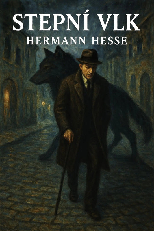 Book cover for 'Stepní vlk' by Hermann Hesse, featuring an illustrated dark street scene with a man in a trench coat and hat walking with a cane, accompanied by a large black wolf behind him.