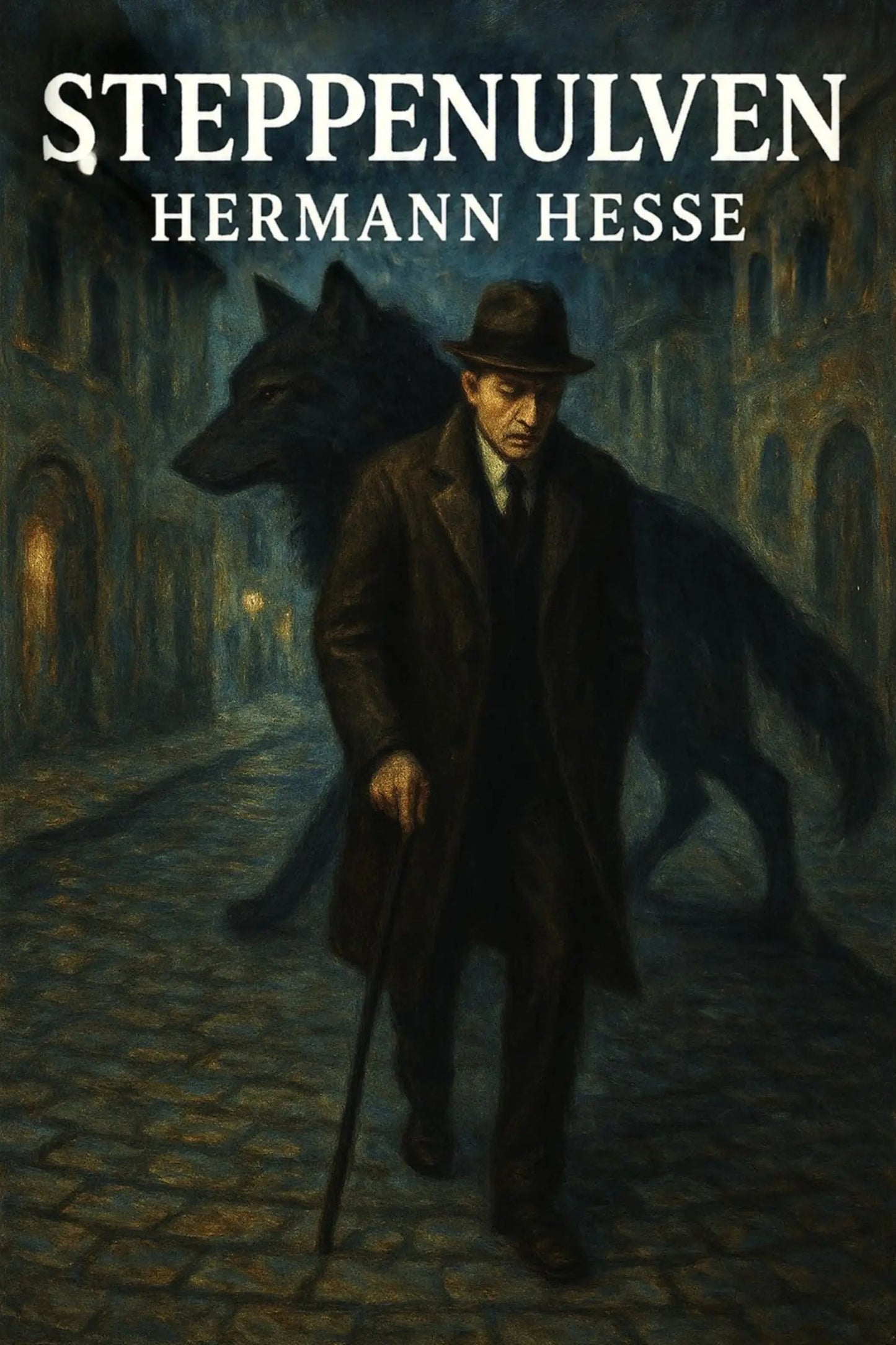 Book cover of 'Steppenulven' by Hermann Hesse featuring a man and wolf in an urban setting.