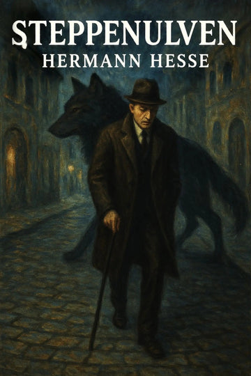 Book cover of 'Steppenulven' by Hermann Hesse featuring a man and wolf in an urban setting.