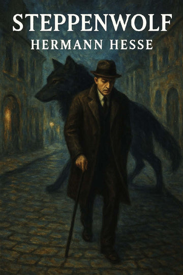 Book cover of 'Steppenwolf' by Hermann Hesse featuring a man and wolf on a dark street.