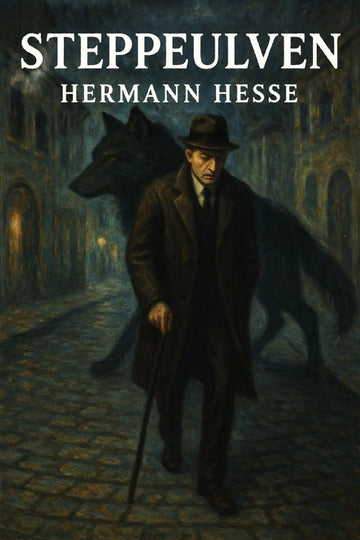 Book cover for 'Steppeulven' by Hermann Hesse, featuring a dark, moody illustration of a man in a trench coat and hat walking with a cane, with a large black wolf behind him in a cobblestone street.