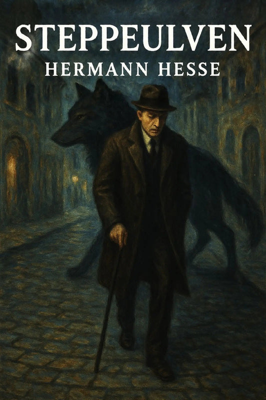 Book cover for 'Steppeulven' by Hermann Hesse, featuring a dark, moody illustration of a man in a trench coat and hat walking with a cane, with a large black wolf behind him in a cobblestone street.