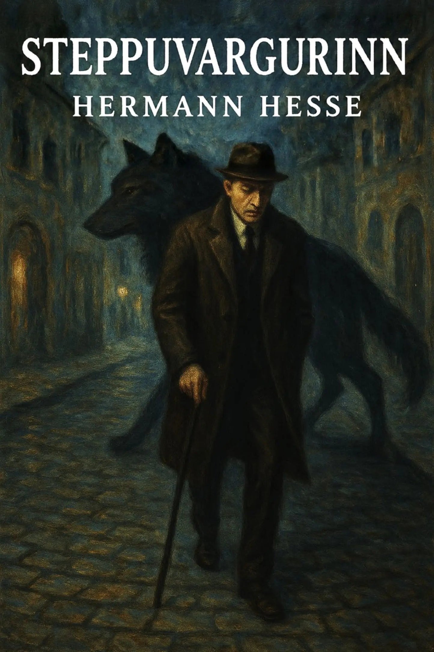 Book cover for 'Steppuvargurinn' by Hermann Hesse, featuring a dark, moody painting of a man in a trench coat and hat walking with a cane, with a large black wolf behind him in a cobblestone street.