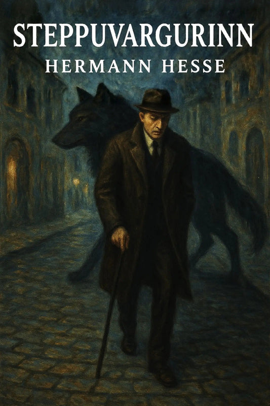 Book cover for 'Steppuvargurinn' by Hermann Hesse, featuring a dark, moody painting of a man in a trench coat and hat walking with a cane, with a large black wolf behind him in a cobblestone street.