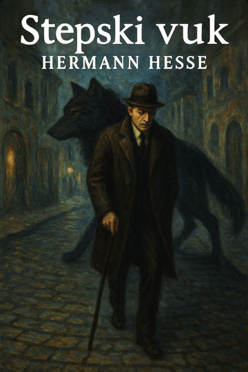 Book cover of 'Stepski vuk' by Hermann Hesse featuring a man and wolf in an urban setting.