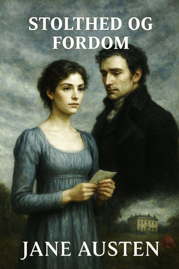Book cover of 'Stolthed og fordom' by Jane Austen featuring a man and woman in a historical setting.