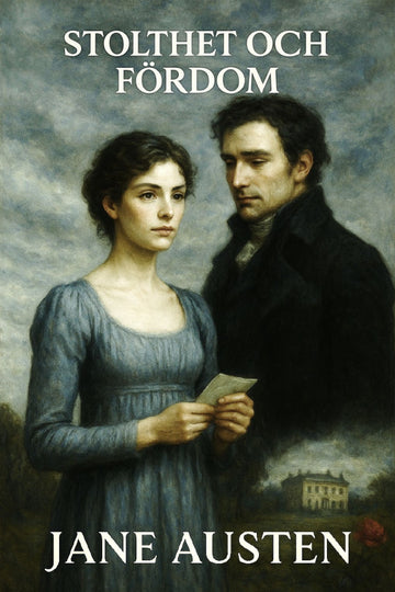 Book cover of 'Stolthet och fördom' by Jane Austen featuring a man and woman in a historical setting.