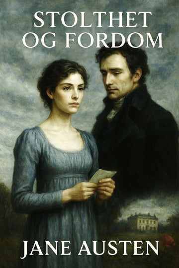 Book cover of 'Stolthet og fordom' by Jane Austen featuring a man and woman in a pastoral setting.