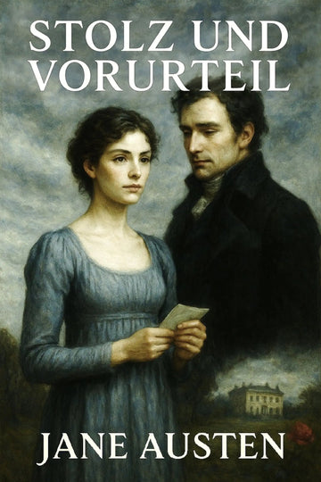 Book cover for 'Stolz und Vorurteil' by Jane Austen, featuring a classical painting of a woman in a blue dress holding a letter next to a man in a dark coat, with the title and author name in white text.