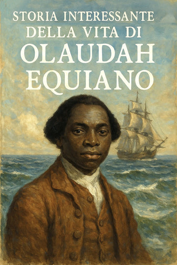 Book cover for 'Storia interessante della vita di Olaudah Equiano' featuring a portrait of Olaudah Equiano with a ship in the background.
