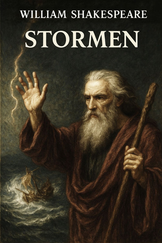 Book cover of 'Stormen' by William Shakespeare featuring a character with a staff and outstretched hand over a stormy sea.