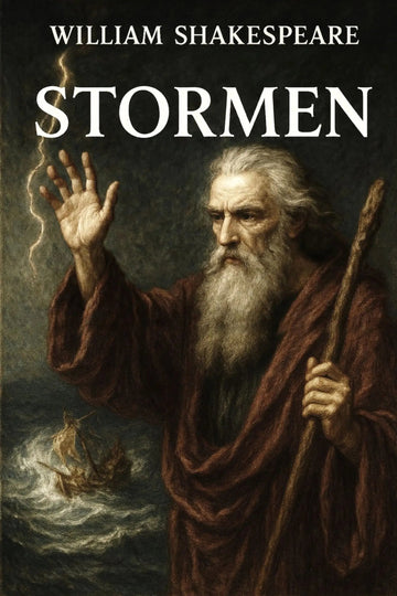 Book cover of 'Stormen' by William Shakespeare with a character holding lightning and a ship in the background.