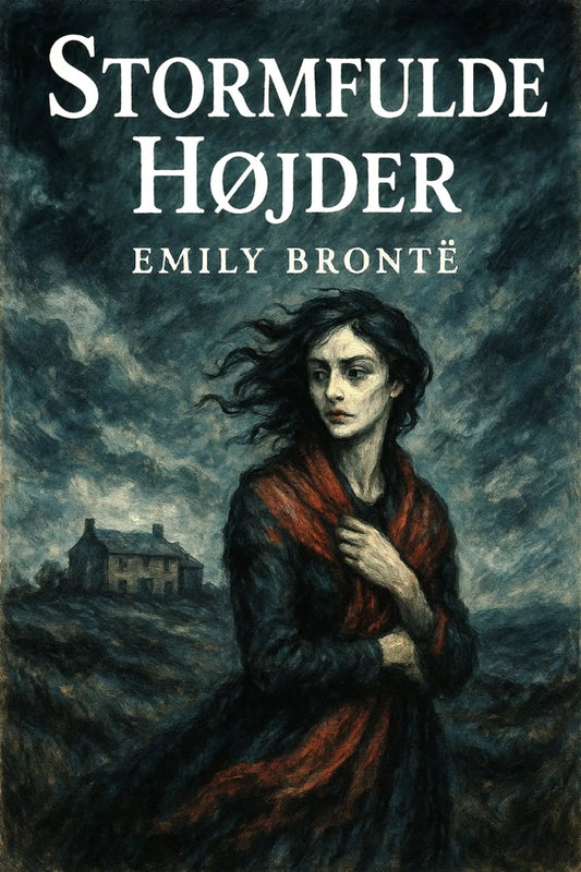 Book cover for 'Stormfulde højder' by Emily Bronté, featuring a dark, moody illustration of a woman in a red shawl against a stormy sky with a cottage in the background.