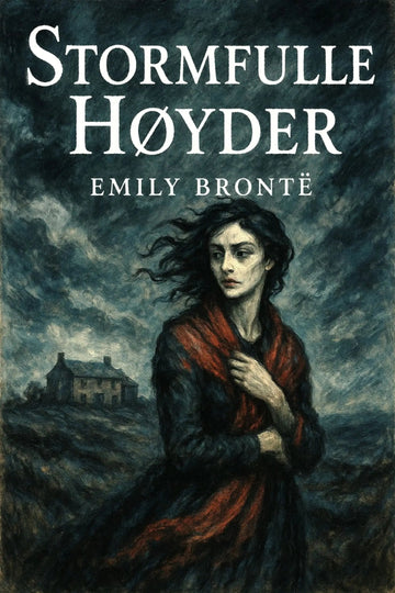 Book cover of 'Stormfulle høyder' by Emily Bronté with a woman in a red coat against a stormy sky.