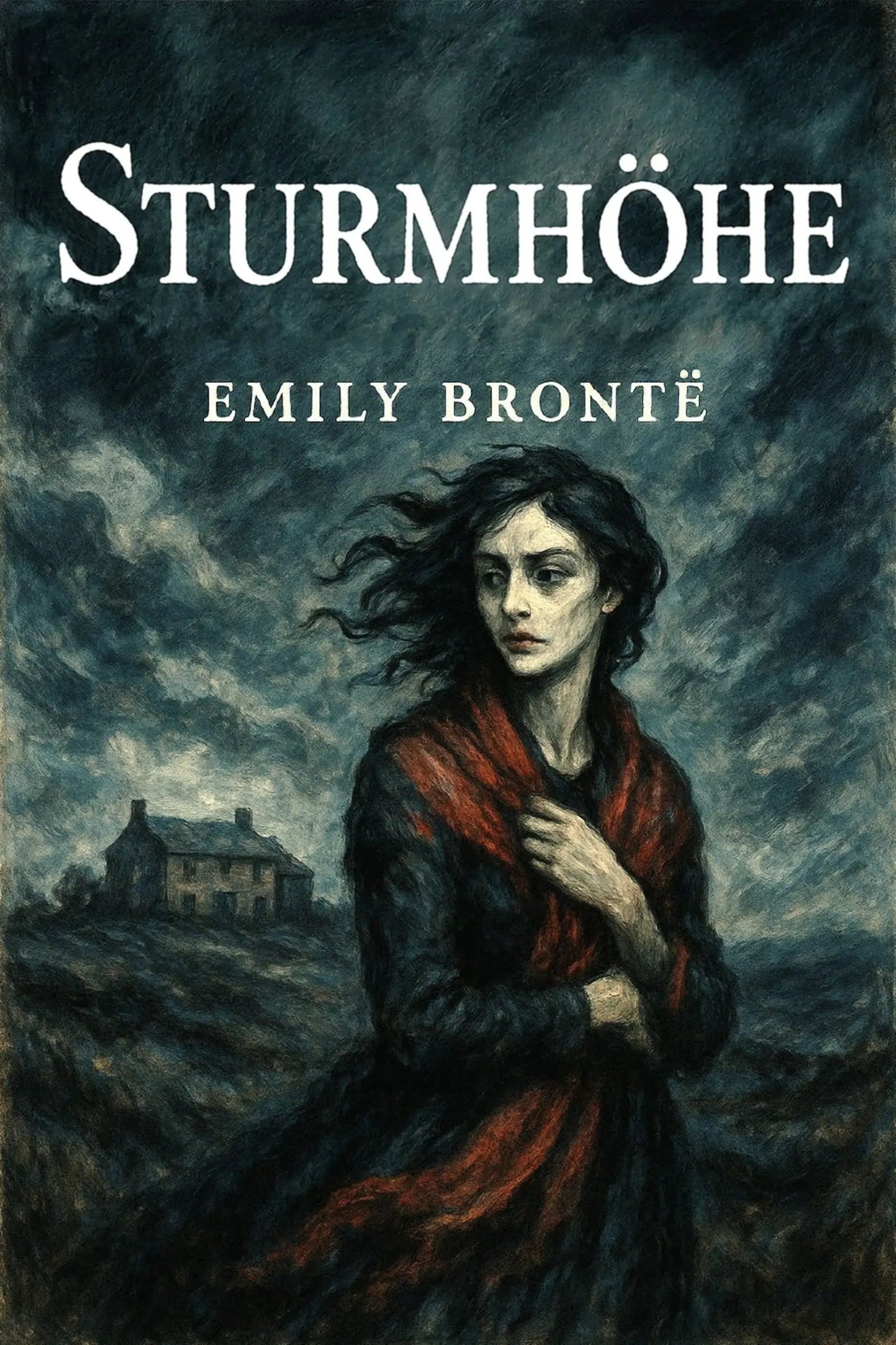 Book cover for 'Sturmhöhe' by Emily Brontë, featuring a dark, painterly illustration of a woman in a red shawl against a stormy sky, with a cottage in the background.