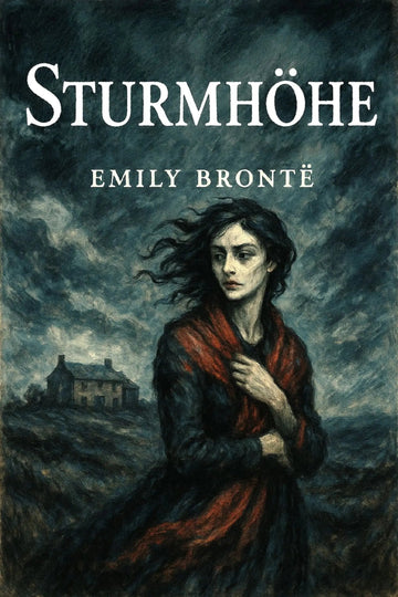 Book cover for 'Sturmhöhe' by Emily Brontë, featuring a dark, painterly illustration of a woman in a red shawl against a stormy sky, with a cottage in the background.