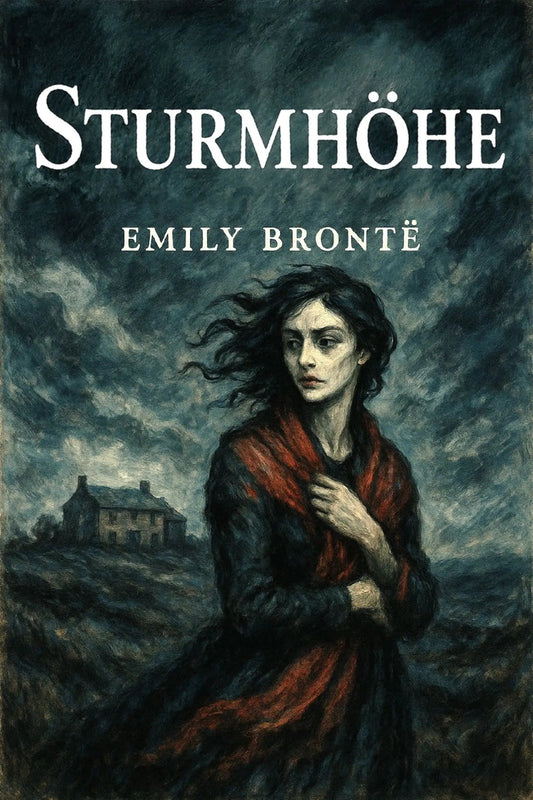 Book cover for 'Sturmhöhe' by Emily Brontë, featuring a dark, painterly illustration of a woman in a red shawl against a stormy sky, with a cottage in the background.