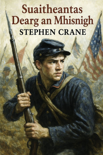 Book cover of 'Suaitheantas Dearg an Mhisnigh' by Stephen Crane featuring a soldier with a rifle and flags.