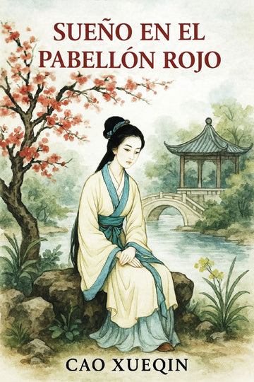 Book cover of 'Sueño en el pabellón rojo' with a woman in traditional attire sitting by a pond and pagoda.