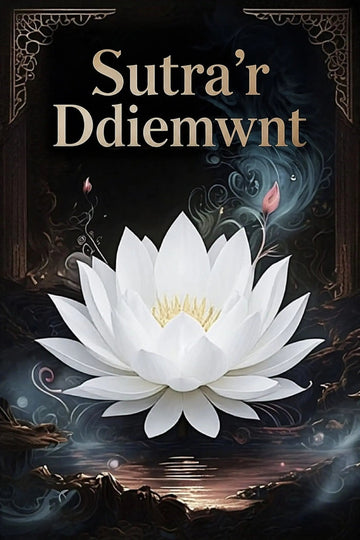 Book cover for 'Sutra’r Ddiemwnt' featuring a large white lotus flower floating on dark water, with ornate gold title text at the top against a dark mystical background.