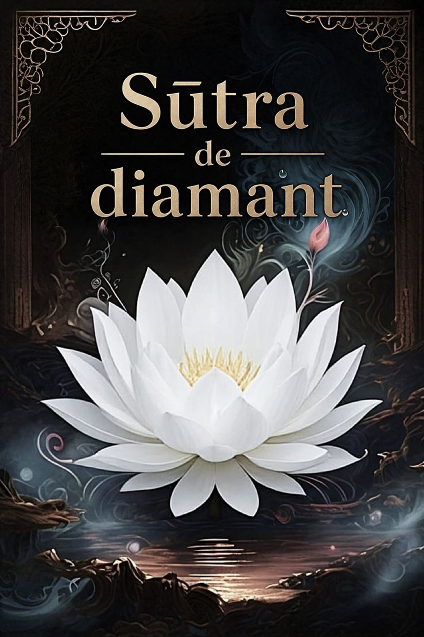 Book cover of 'Sūtra de diamant' with a white lotus flower on a dark background