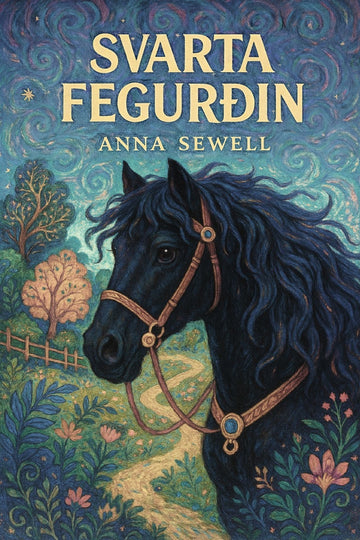 Book cover of 'Svarta fegurðin' with a black horse illustration and decorative elements.