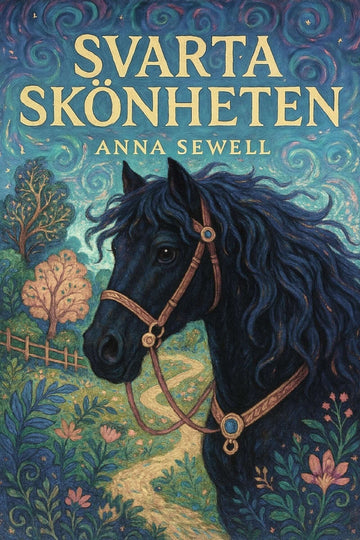 Book cover of 'Svarta skönheten' with a black horse illustration and decorative background.