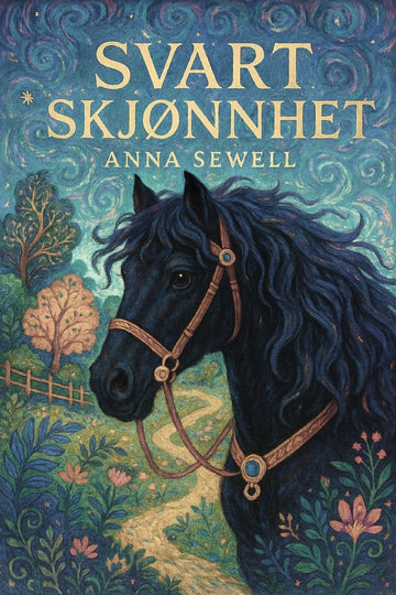 Book cover of 'Svart skjønnhet' with a black horse illustration on a colorful background