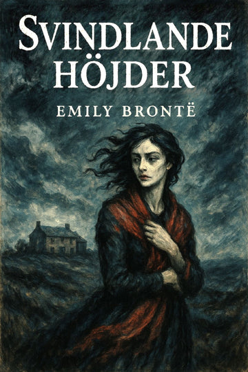 Book cover of 'Svindlande höjder' by Emily Bronté with a woman in a red coat against a stormy sky.