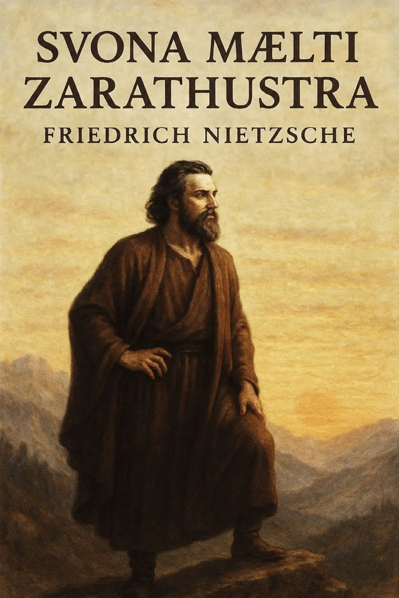Book cover for 'Svona Mælti Zarathustra' by Friedrich Nietzsche, featuring a painted figure in a brown robe standing in a mountain landscape against a warm golden sky.