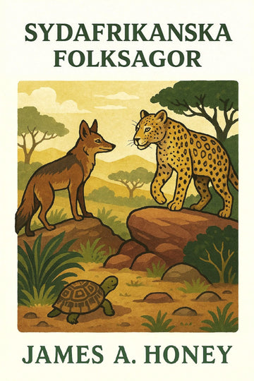 Book cover of 'Sydafrikanska folksagor' by James A. Honey featuring illustrations of a fox, leopard, and tortoise in a savanna setting.