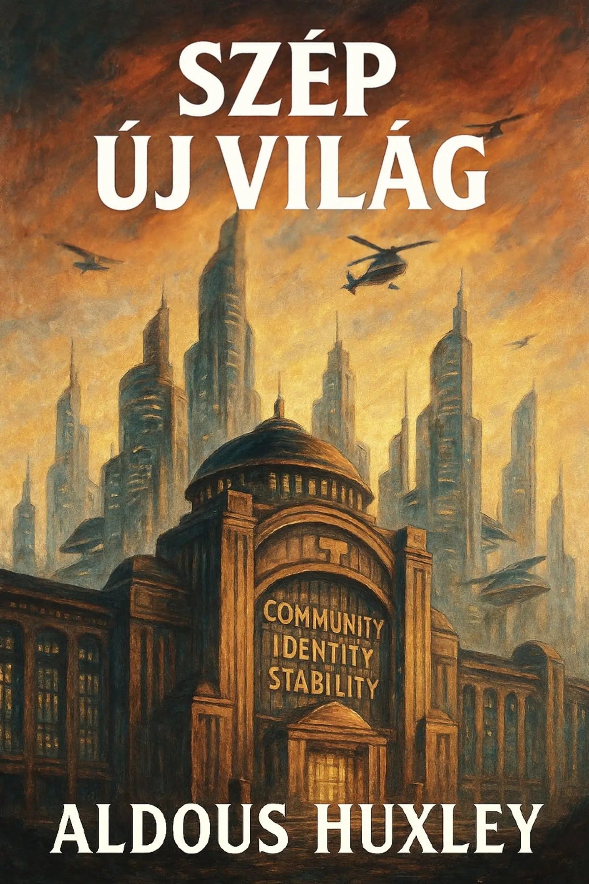 Book cover for 'Szép új világ' by Aldous Huxley, featuring a dramatic sci-fi cityscape with tall futuristic skyscrapers, flying vehicles, and a large central building with the words 'Community Identity Stability' on its facade.