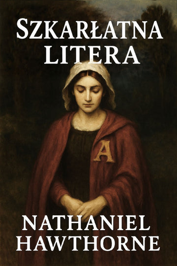 Book cover of 'Szkarłatna litera' by Nathaniel Hawthorne with a woman in a red cloak and hood.