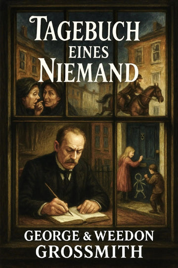 Book cover for 'Tagebuch eines Niemand' by George & Weedon Grossmith, featuring a dark illustrated scene with a man writing in a journal, children at a door, and a horse rider, framed like a window pane.