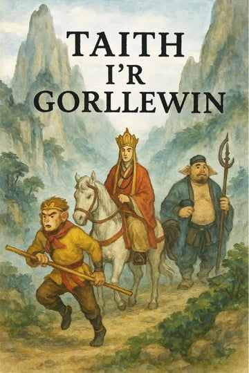 Illustrated book cover for 'Taith i’r Gorllewin' showing three figures traveling through a mountain landscape: a woman on a white horse in red robes and a crown, a bearded man with a staff, and a young boy in yellow clothing in the foreground.
