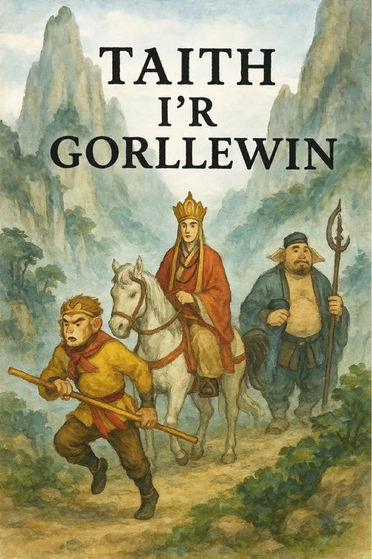 Illustrated book cover for 'Taith i’r Gorllewin' showing three figures traveling through a mountain landscape: a woman on a white horse in red robes and a crown, a bearded man with a staff, and a young boy in yellow clothing in the foreground.
