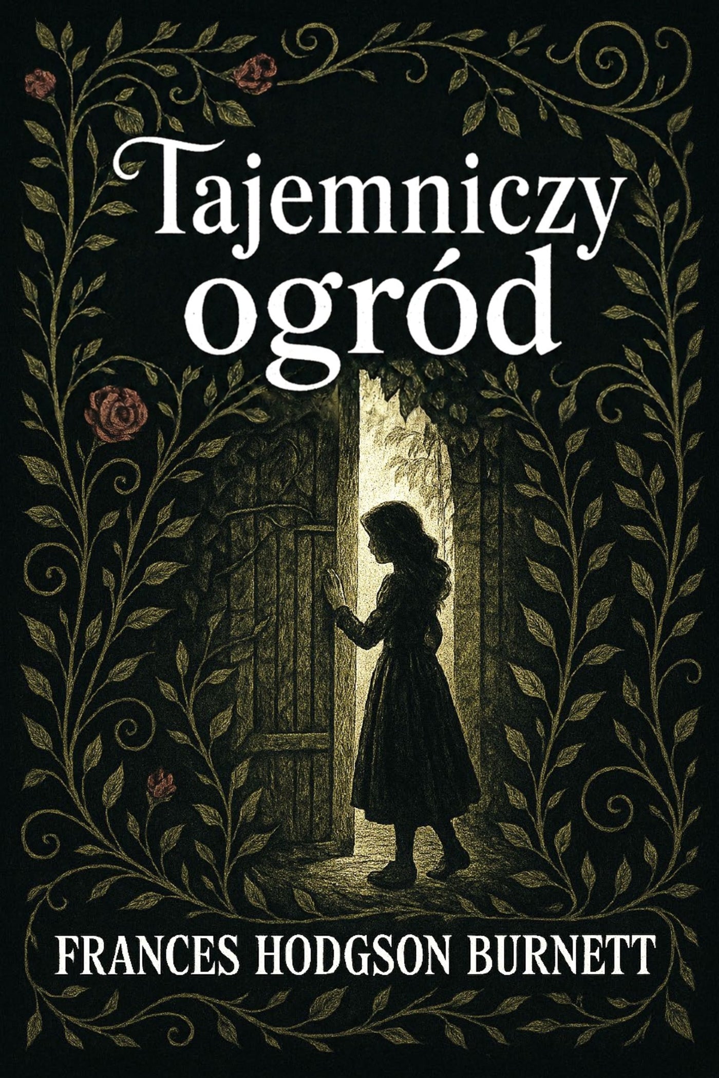 Book cover of 'Tajemniczy ogród' by Frances Hodgson Burnett with a silhouette of a girl and decorative elements.