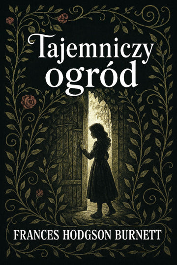 Book cover of 'Tajemniczy ogród' by Frances Hodgson Burnett with a silhouette of a girl and decorative elements.