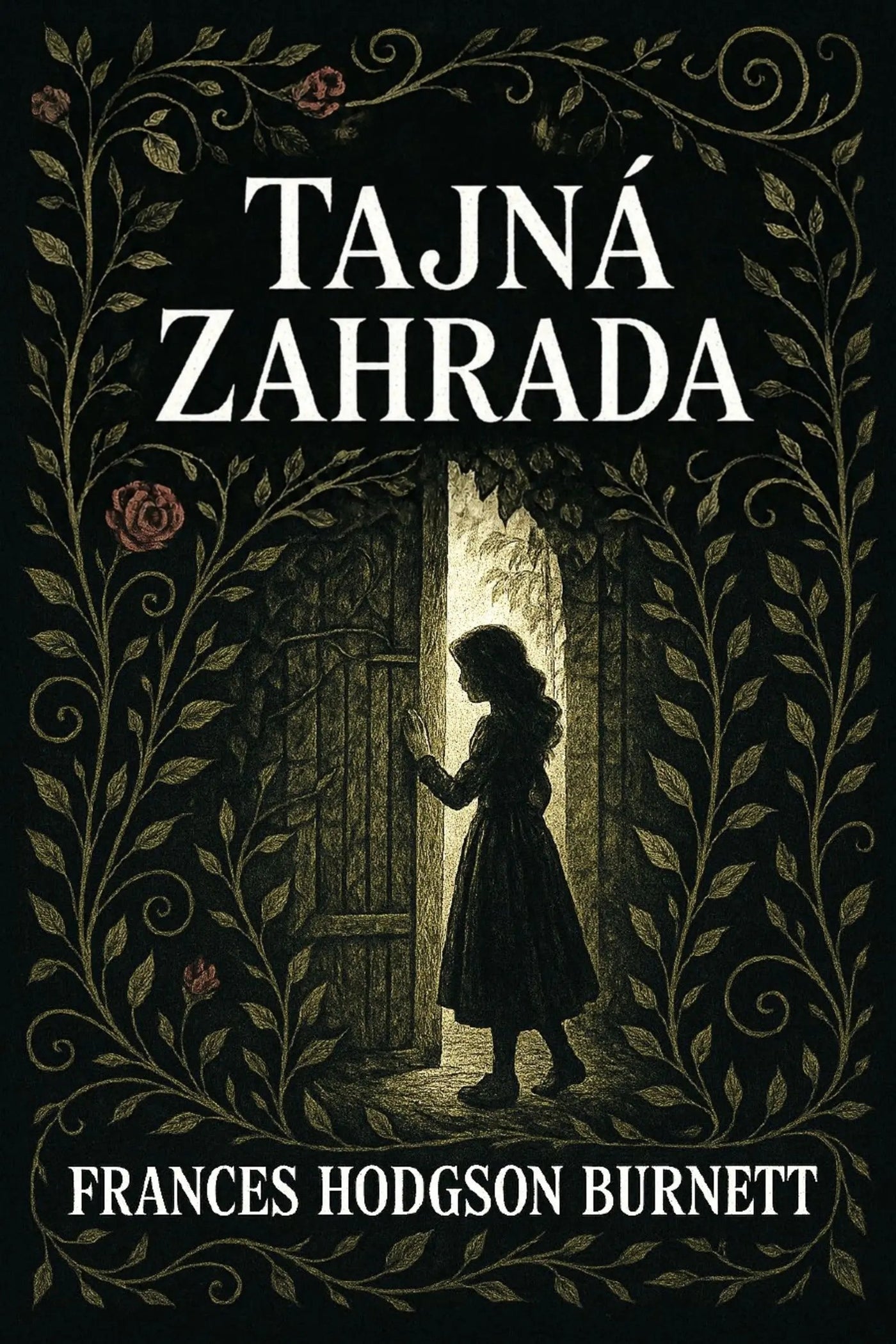 Book cover for 'Tajná zahrada' by Frances Hodgson Burnett, featuring a dark gothic illustration of a girl standing in a doorway framed by ornate vines and roses on a black background.